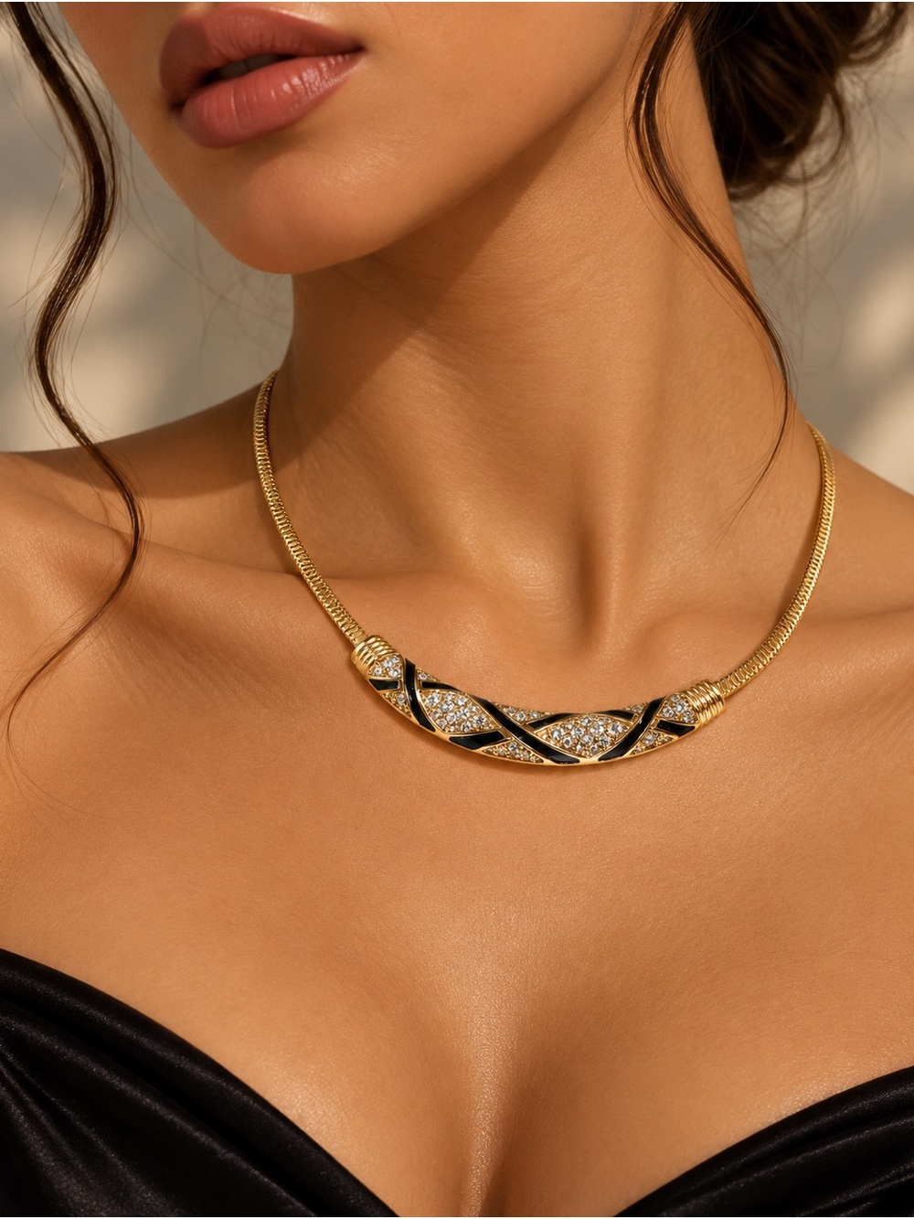 Elegant Gold Black Enamel Crystal Collar Necklace